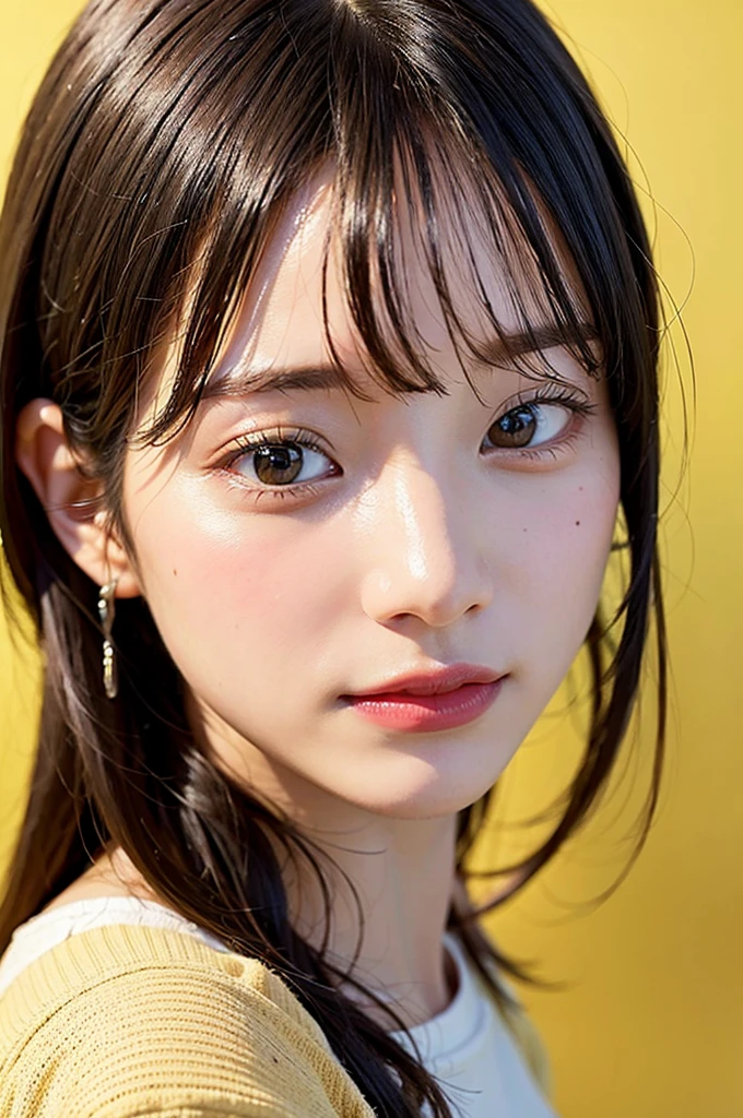masterpiece, best quality, 8k, absurdres, (upper body:1.4), white shirt, beautiful girl, pretty face, looking at viewer, smile, ultra realistic, highres, photography, film grain, chromatic aberration, sharp focus, HDR, facelight, dynamic lighting, cinematic lighting, professional shadow, simple background, (dull yellow background:1.4), highest detailed, extreme detailed, ultra detailed, finely detail, real skin, delicate facial features, detailed face and eyes, sharp pupils, realistic pupils, (korean, japanese, chinese:0.3)