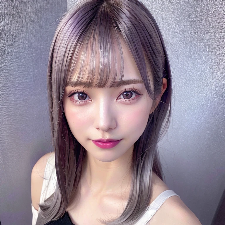 One girl,Beautiful vintage colors, Instagram (photoRealistic, High resolution:1.4), ((Puffy eyes)), View your viewers, , whole body (8K, RAW Photos, Highest quality, masterpiece:1.2), (Realistic, photo-Realistic:1.37),(Sharp focus:1.2), Professional Lighting, Photon Mapping, Radio City, Physically Based Rendering, (Pale skin:1.2),(Small breasts:1.2), View your viewers, (Mid-length hair:1.5), Portraiture, Purple eyes, (Silver Hair:1.1),bangs, (Simple Background:1.4), alone, Upper Body, Realistic,(masterpiece:1.4),(Highest quality:1.4),(Shiny skin),Fashionable Girl,compensate,smile(skinny,Mouth closed,shy :1.3) ,(Are standing,Black stewardess uniform,Necromancer:1.1),Medium Bust,Sexy pose ,