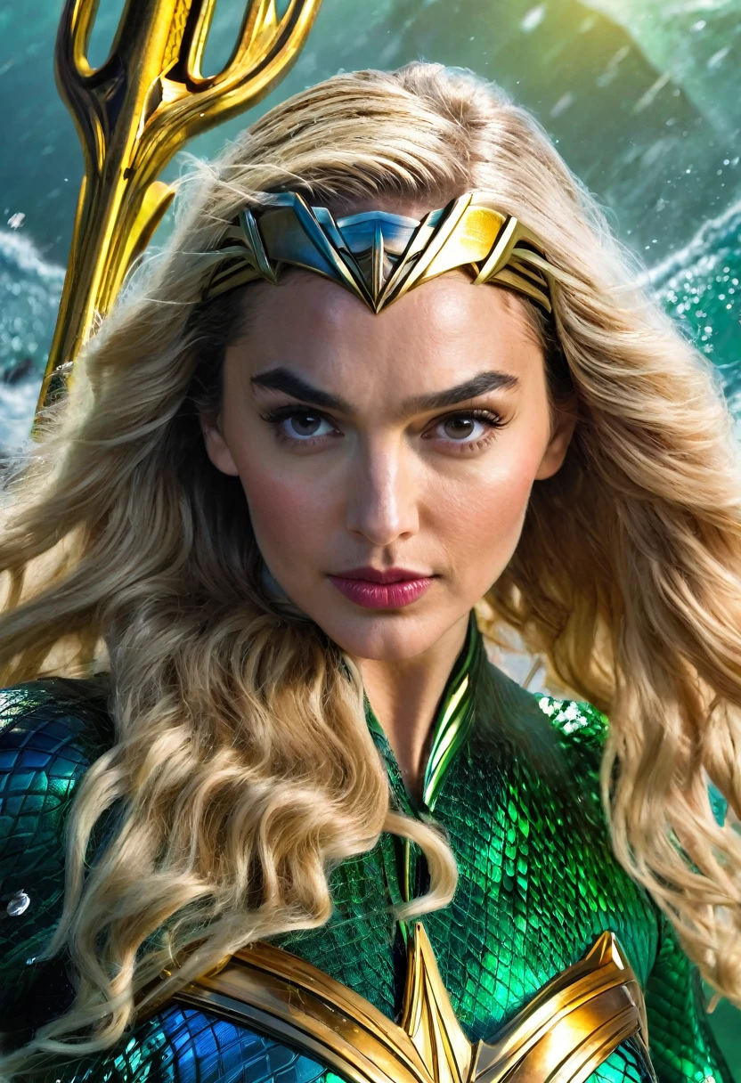 (((Extreme close-up GAL Gadot under the mantle of the Amazon warrior Wonder Woman (((Aquaman Costume))),(((Long abundant blonde hair))),(((Diaema Wonder Woman))),(((Front Images))),(((Splash color images))),(((Aquaman Costume))),(((Abundant blonde hair))),(((Diaema Wonder Woman)))