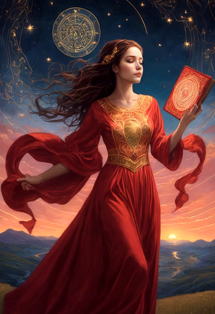 A woman in a love themed red dress with loads of intricate gold love embroidery, carrying a tome, on a hill top, two astrological sign light up brightly in the skies with the connective lines, night
