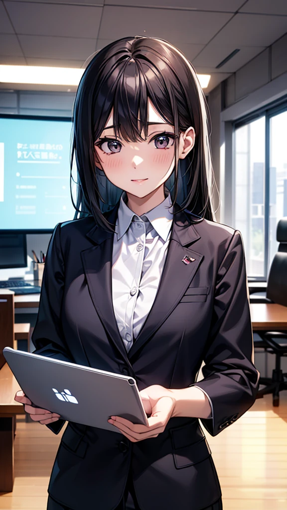 8K, Professional Lighting, 1. Japanese women(20th Generation), office, During a hybrid meeting, Business Casual, Smartphone and laptop, A large display for online meetings in the background, SDGs Poster, A workplace where diversity and technology coexist