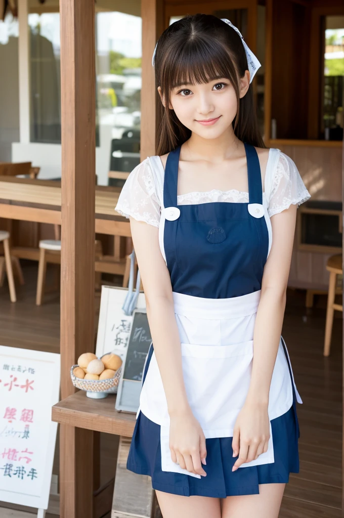 22 years old girl (Japanese cute face) wearing very short mini skirt and apron at beach house