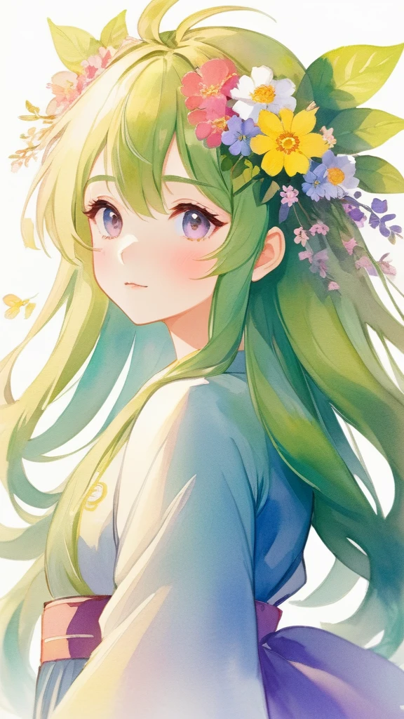 Anime girl with flowers in her hair、Beautiful Animeの肖像画、Beautiful Anime、Beautiful Animeのアートワーク、Beautiful Animeの女の子、Beautiful Animeアート、Beautiful Animeスタイル、Anime girl profile、goddess of spring、Anime illustrations、柔らかいAnime illustrations、Beautiful Animeアートスタイル、Watercolor illustration style、Cute Anime Girlの肖像画、Anime Girl Portrait、Cute Anime Girl、Watercolor art style