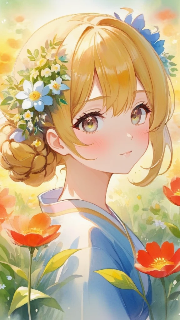 Anime girl with flowers in her hair、Beautiful Animeの肖像画、Beautiful Anime、Beautiful Animeのアートワーク、Beautiful Animeの女の子、Beautiful Animeアート、Beautiful Animeスタイル、Anime girl profile、goddess of spring、Anime illustrations、柔らかいAnime illustrations、Beautiful Animeアートスタイル、Watercolor illustration style、Cute Anime Girlの肖像画、Anime Girl Portrait、Cute Anime Girl、Watercolor art style