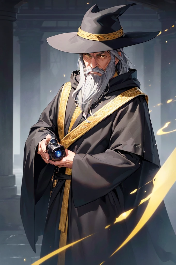 (masterpiece; best quality: 1.2), (finely detailed eyes: 1.3), ((75-years-old man)), ((solo)), (yellow eyes: 1.4), (body; attractive, lean, mature: 1.3), (long gray hair + beard: 1.3), (beautiful and clear background: 1.2), ((depth of field)), (equipment: traveler mage dark robe + dark pointed hat + dark cloak: 1.3), (anime illustration: 1.2), (background composition; palace garden exterior: 1.1), (extremely fine and handsome: 1.1), (shot composition; standing + centered on torso + close-up: 1.5), (expression; calm, smile: 1.2)