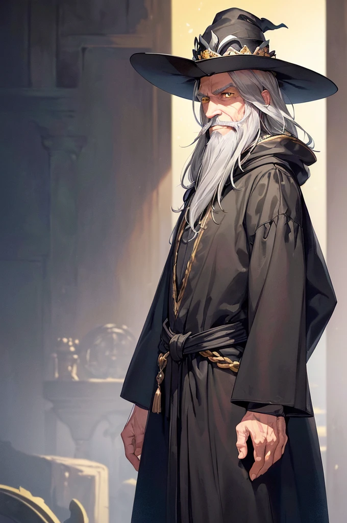 (masterpiece; best quality: 1.2), (finely detailed eyes: 1.3), ((75-years-old man)), ((solo)), (yellow eyes: 1.4), (body; attractive, lean, mature: 1.3), (long gray hair + beard: 1.3), (beautiful and clear background: 1.2), ((depth of field)), (equipment: traveler mage dark robe + dark pointed hat + dark cloak: 1.3), (anime illustration: 1.2), (background composition; palace garden exterior: 1.1), (extremely fine and handsome: 1.1), (shot composition; standing + centered on torso + close-up: 1.5), (expression; calm, smile: 1.2)