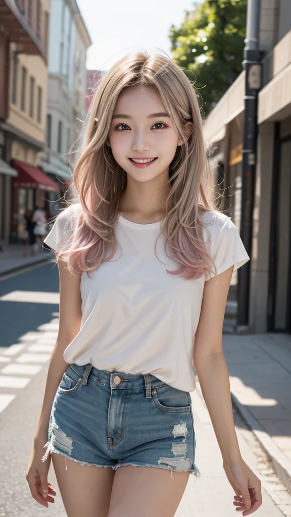 18-year-old、Tabletop, Highest quality, shape, Very detailed, In detail, High resolution, 8k wallpaper, Perfect dynamic composition, Beautiful details, Super long hair、smile、Prompt Hair、Blonde、Pink inner color hair、Street Snap、Silver Eyes、Shorts、Beautiful legs