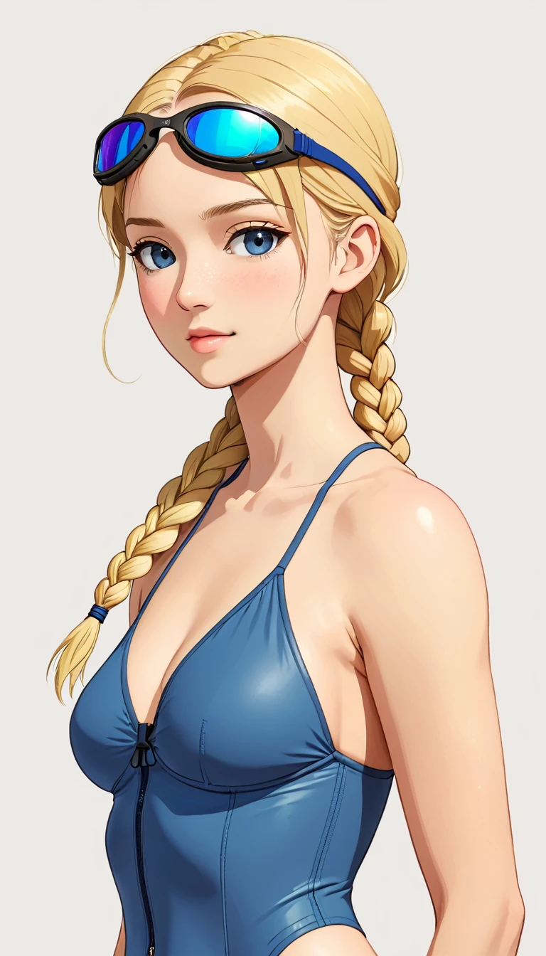 Swimsuit、Swimming goggles、Blonde、Braid、Upper Body、Simple Background、Moderate bust