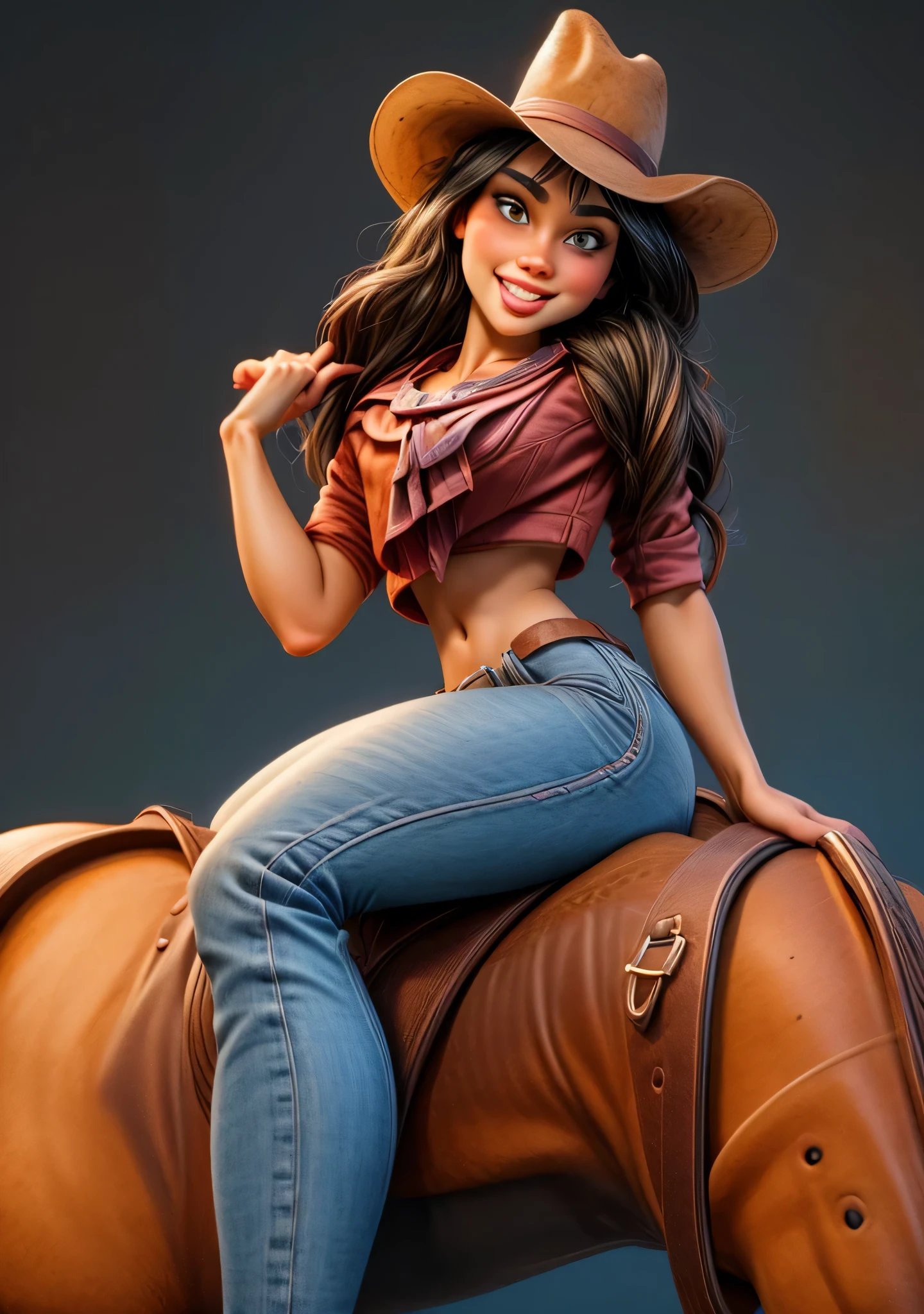 25yo girl gorgeous, courageous girl smiles sweetly seductively,
dressed in a North American cowboy costume, a cowboy hat, a neckerchief around her neck, jeans, cowboy boots,
(posing sitting straight in the saddle on a strong powerful black horse:1,5),
look at the viewer,
(against the backdrop of the foothills of the beautiful high rocky mountains of north america, 
general plan wide shot:1,5),
cartoon illustration, vivid colours, Ultra detailed, high resolution, UHD, 8k, ((best quality, masterpiece:1.2), ultra-detailed, realistic, HDR, top view, cowboy shot, dramatic strong lighting,