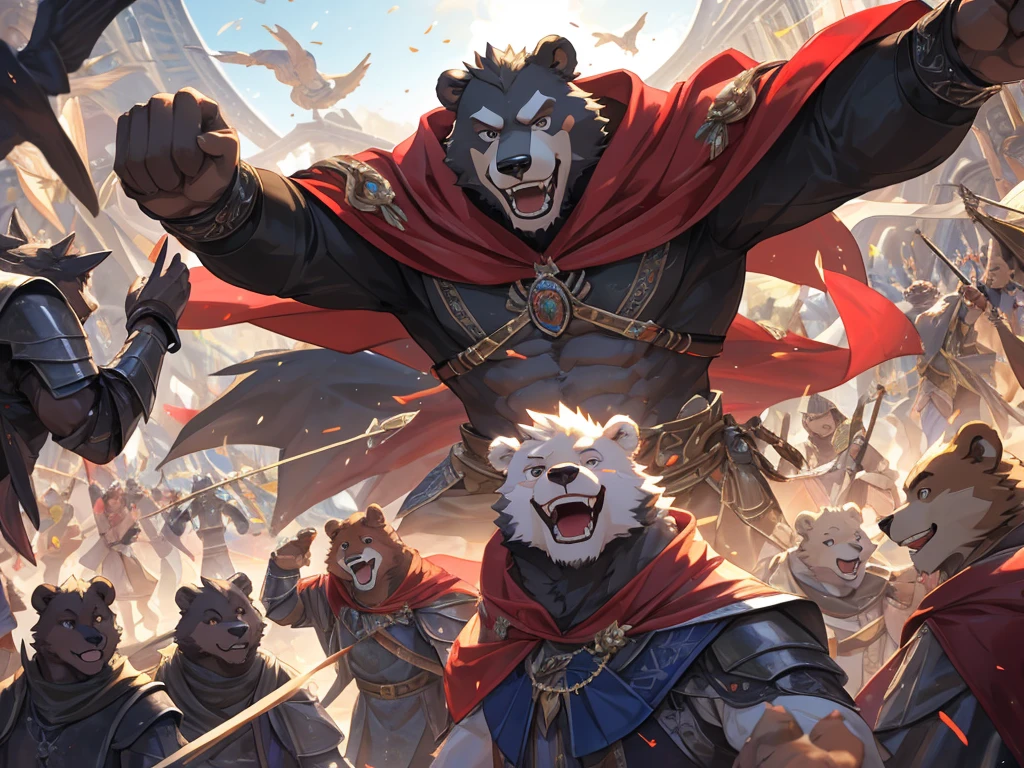 Humanity((dramatic))epic, dynamic poses, a scene from the movie, Extreme perspective and powerful composition, ridiculous, perfect anatomy, Magnificent scenes of fierce battle between beasts, (ultra deTailed), sharp focus, Negi, eyes, black eyes, hairy, light white fur, brown fur, White beard, Humanity (Bear), male, middle aged, gray body, white belly, Tail, muscular, knight clothing, red cherry long cloak, ultra deTailed face, depth of field, motion blur, (best quality), (masterpiece), high deTails, high quality, Award-winning, high resolution, HD, 16K, smiley face, Close-up of happy expression, A group of friends, Real laughter, delightful friendship, happy atmosphere, bright smile, contagious joy, heartwarming laughter, Friends share a joke, Carefree moments, Real laughter, Pleasant company, Tight, unforgettable memory, Joyful laughter, Pure happiness, True emotions, laugh together, positive vibe, Real, happy time, the joy of life, warmth and laughter, sincere friendship, Precious moments, happy party, Energetic energy, carefree happiness, Laughter echoes in the air, Forever smile quality,4K,8K,high resolution,masterpiece:1.2),ultra-deTailed,current:1.37,HDR,uhd,studio lighting,extreme deTail description,professional,bright colors,bokeh,The atmosphere  lively, natural lighting