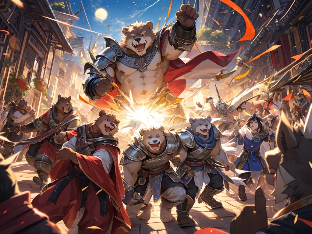 Humanity((dramatic))epic, dynamic poses, a scene from the movie, Extreme perspective and powerful composition, ridiculous, perfect anatomy, Magnificent scenes of fierce battle between beasts, (ultra deTailed), sharp focus, Negi, eyes, black eyes, hairy, light white fur, brown fur, White beard, Humanity (Bear), male, middle aged, gray body, white belly, Tail, muscular, knight clothing, red cherry long cloak, ultra deTailed face, depth of field, motion blur, (best quality), (masterpiece), high deTails, high quality, Award-winning, high resolution, HD, 16K, smiley face, Close-up of happy expression, A group of friends, Real laughter, delightful friendship, happy atmosphere, bright smile, contagious joy, heartwarming laughter, Friends share a joke, Carefree moments, Real laughter, Pleasant company, Tight, unforgettable memory, Joyful laughter, Pure happiness, True emotions, laugh together, positive vibe, Real, happy time, the joy of life, warmth and laughter, sincere friendship, Precious moments, happy party, Energetic energy, carefree happiness, Laughter echoes in the air, Forever smile quality,4K,8K,high resolution,masterpiece:1.2),ultra-deTailed,current:1.37,HDR,uhd,studio lighting,extreme deTail description,professional,bright colors,bokeh,The atmosphere  lively, natural lighting