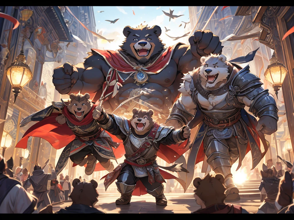 Humanity((dramatic))epic, dynamic poses, a scene from the movie, Extreme perspective and powerful composition, ridiculous, perfect anatomy, Magnificent scenes of fierce battle between beasts, (ultra deTailed), sharp focus, Negi, eyes, black eyes, hairy, light white fur, brown fur, White beard, Humanity (Bear), male, middle aged, gray body, white belly, Tail, muscular, knight clothing, red cherry long cloak, ultra deTailed face, depth of field, motion blur, (best quality), (masterpiece), high deTails, high quality, Award-winning, high resolution, HD, 16K, smiley face, Close-up of happy expression, A group of friends, Real laughter, delightful friendship, happy atmosphere, bright smile, contagious joy, heartwarming laughter, Friends share a joke, Carefree moments, Real laughter, Pleasant company, Tight, unforgettable memory, Joyful laughter, Pure happiness, True emotions, laugh together, positive vibe, Real, happy time, the joy of life, warmth and laughter, sincere friendship, Precious moments, happy party, Energetic energy, carefree happiness, Laughter echoes in the air, Forever smile quality,4K,8K,high resolution,masterpiece:1.2),ultra-deTailed,current:1.37,HDR,uhd,studio lighting,extreme deTail description,professional,bright colors,bokeh,The atmosphere  lively, natural lighting