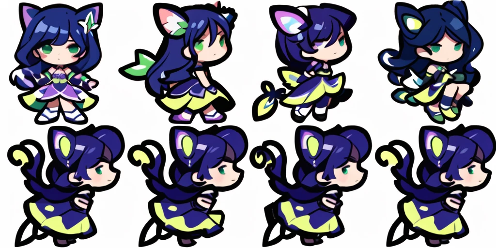 a close up of a cartoon character with different poses, spritesheet, sprite sheet, with familiar sprites, sprites, fairy girl, morgana, default pose neutral expression, twirling, sprite 2 d, shady, green fairy, smol, multiple poses, cute chibi, kawaii