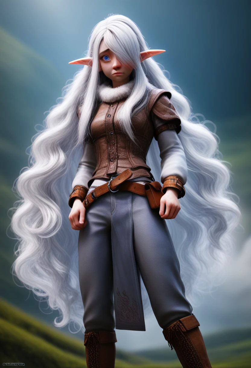 a small girl with pale skin, very long wavy silver hair covering one eye, bright blue anime-style eyes with long lashes, wearing a corset, white puffy long sleeved shirt, and puffy cloth pants, leather bound boots, set in a windy fantasy landscape, (best quality, 4k, 8k, highres, masterpiece :1.2),ultra-detailed,dungeons and dragons, long elf ears, detailed skin and cloth textures, cute detailed face,intricate details,extremely detailed,1girl,dynamic pose with hair covering one eye, shy personality, puffy cloth pants with leather belt, detailed privateer outfit, detailed buccaneer outfit, pouch on belt, wearing ornate leather armor with fur trim, silver inlay detail, wearing fur trimmed boots, wearing fur trimmed gloves, short, short height, halfing girl, small girl, very long detailed flowing hair, big head, big round eyes, windy, wind blown hair,bwirey muscles, fighter, dynamic angle, kineticist, pathfinder, pathfinder kineticist, wind kineticist