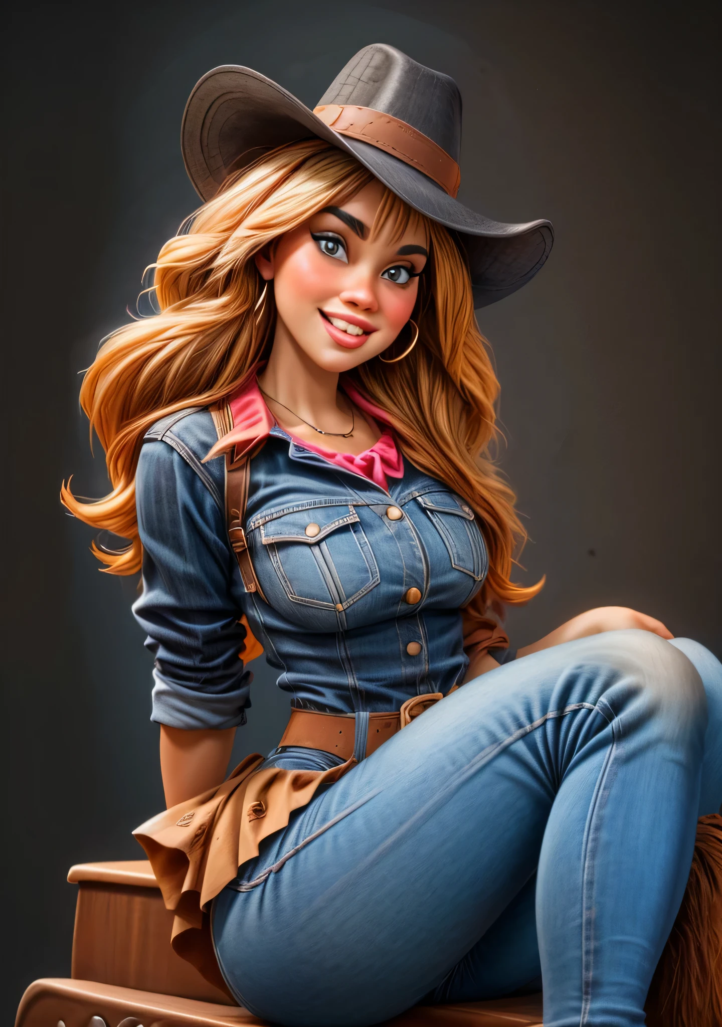 25yo girl gorgeous, courageous girl smiles sweetly seductively,
dressed in a North American cowboy costume, a cowboy hat, a neckerchief around her neck, jeans, cowboy boots,
(posing sitting straight in the saddle on a strong powerful black horse:1,5),
look at the viewer,
(against the backdrop of the foothills of the beautiful high rocky mountains of north america, 
general plan wide shot:1,5),
cartoon illustration, vivid colours, Ultra detailed, high resolution, UHD, 8k, ((best quality, masterpiece:1.2), ultra-detailed, realistic, HDR, top view, cowboy shot, dramatic strong lighting,