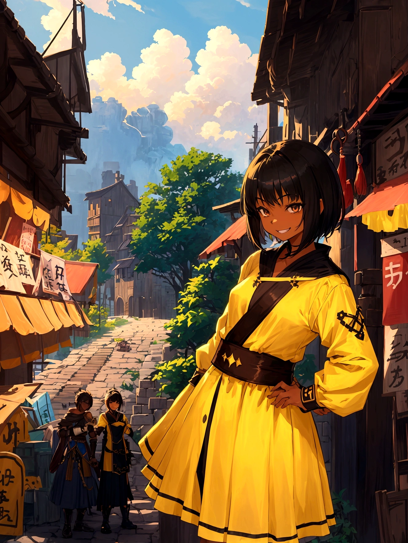 roleplaying game、Hunter、Adventurer、Anime Style、、short、Cheerful girl、Brown skin、RPG Games、Yellow long skirt-type equipment、、Very small breasts、Armament、Black Hair、short hair、Naughty、Mischievous、Smiling with teeth showing、Hands on hips、Hall々Stand with、Village Background、Bustling market