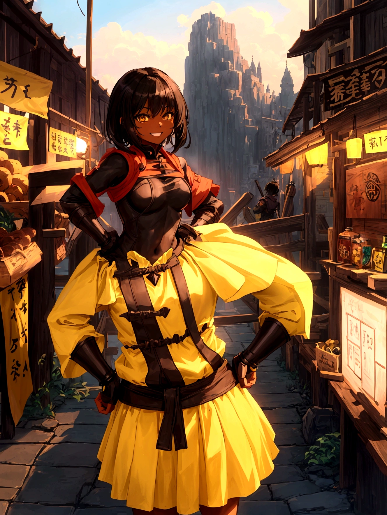 roleplaying game、Hunter、Adventurer、Anime Style、、short、Cheerful girl、Brown skin、RPG Games、Yellow long skirt-type equipment、、Very small breasts、Armament、Black Hair、short hair、Naughty、Mischievous、Smiling with teeth showing、Hands on hips、Hall々Stand with、Village Background、Bustling market