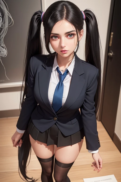 a beautiful young woman with long black hair in twin tails, beautiful detailed eyes, beautiful detailed lips, extremely detailed eyes and face, longeyelashes, wearing a blue blazer style uniform with a tie and tight skirt, knee socks, standing in an anatomy club room, gazing at the viewer with a sweet expression, surrounded by drawings of the human body on a blackboard, (best quality,4k,8k,highres,masterpiece:1.2),ultra-detailed,(realistic,photorealistic,photo-realistic:1.37),HDR,UHD,studio lighting,ultra-fine painting,sharp focus,physically-based rendering,extreme detail description,professional,vivid colors,bokeh,portraits,photography,warm colors,dramatic lighting