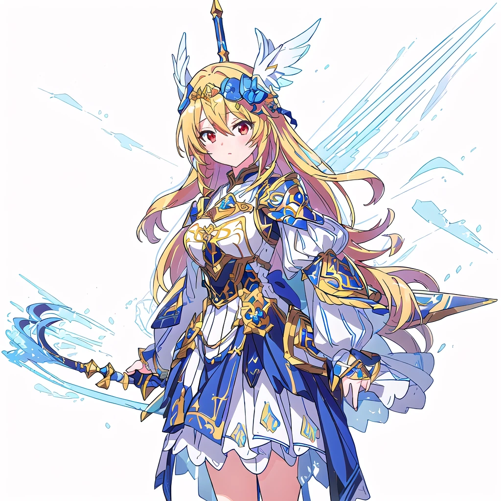 Highest quality, high resolution, High quality game art style, Official Art, Smooth game CG art, Cute 3D anime girl render, Visual Novel Sprites, White background,Smooth game CG art, humanoid woman, JRPG Characters, A woman in a white dress and blue armor holding a spear, Anime Goddess, An intricately designed helmet with white feathers,Small shield, Intricate blue and gold armor,Golden Hair Anime Girl, Red eyes, long hair, Rin々Shii,Large Bust,,Valkyrie,cowboy shot,