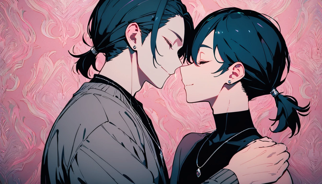 ((((best masterpiece, best quality, wallpaper,)))) solo, guy, male body, small muscles, flat chest, 1male, 30 years old, handsome man, upper body, looking at viewers, beautiful detailed, seductive smile, mediumturquoise hair, ((((Lower short ponytail)))), asymmetrical bangs, ((short hair,)) (((light smile, closed eyes, tareme, droopy eyes,))) (((perfect face,))) perfect hands, sharp nose, clear face, black turtleneck, grey cardigan, ((silver piercing, pendant,)) face-to-face:1.4, woman, leggings, pink background color ultrasharp, 8K, masterpiece,