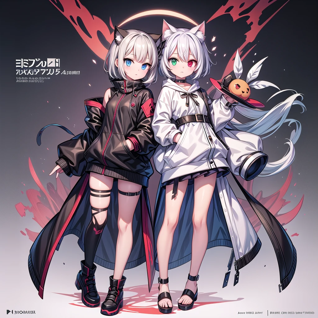 A white short-haired cat-ear girl, Heterochromia,Scars on the face,,Wide sweatshirt,Girls Frontline style, Devil anime girl, Fleet Collection Style, Anime style, Anime character design, , Fashion Design, Anime full body illustration, Popular on artstation pixiv, Interesting character design, pretty Anime character design,Character Design,