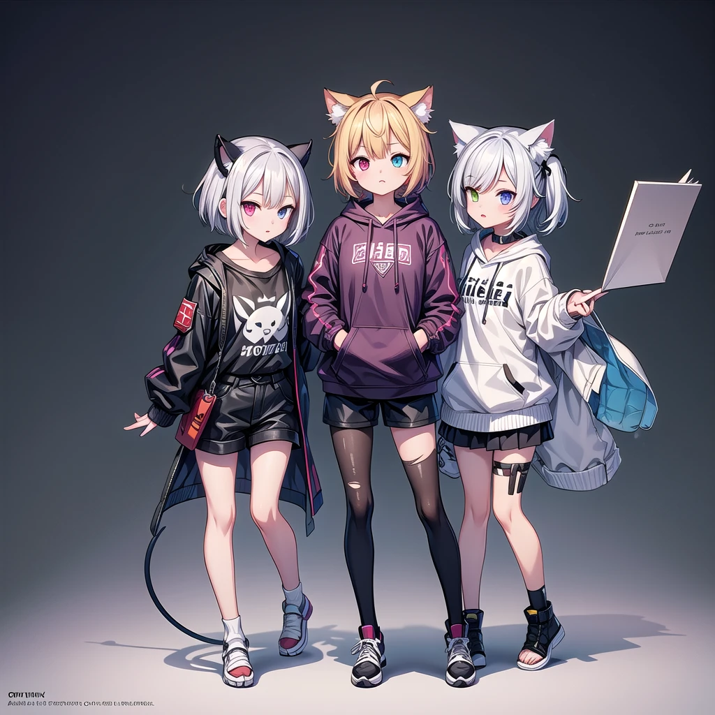 A white short-haired cat-ear girl, Heterochromia,Scars on the face,,Wide sweatshirt,Girls Frontline style,, Fleet Collection Style, Anime style, Anime character design, , Fashion Design, Anime full body illustration, Popular on artstation pixiv, Interesting character design, pretty Anime character design,Character Design
