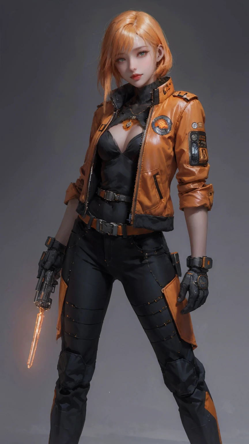 1girl,solo,realistic,cyberpunk, cyborg, halloween,  jack-o'-lantern, mechanical_arms, orange_jacket, orange_pants, orange_shirt, pumpkin, science_fiction, simple_background, gloves, standing, jacket, cowboy_shot, urban techwear, outfit