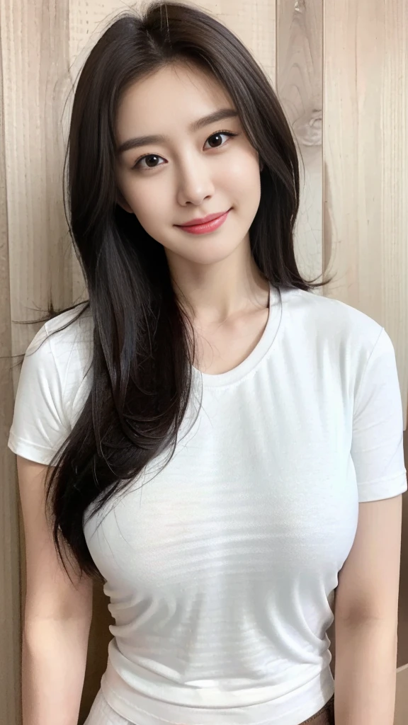 ((best quality, 8K, masterpiece, Clear focus )), 18 years old young Korean girl, ((Dark brown long hair, Huge breasts:1.3，Large, round chest :1.3)), Slim abdominal muscles :1.5,((White low-cut tight short T-shirt :1.6) ), (Wooden wall background :1.2), Highly detailed face and skin textures, Delicate eyes, Double eyelids, Toothy smile，sweet，cute，collagen，cosmetic，Focus on the chest