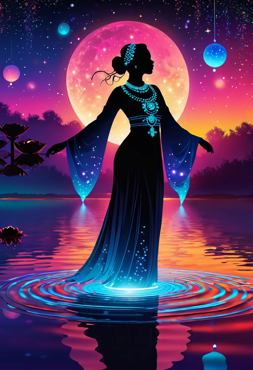 Astrologer，In the middle of the lake, Mysterious female black silhouette in the middle of the night, Surrounded by glowing spheres, Summoners dance to appease the spirits of the dead. Ceremonial canvas clothing. Sensual. Multiple magic arrays. Dynamic dance. Water Lily. Colorful palette.