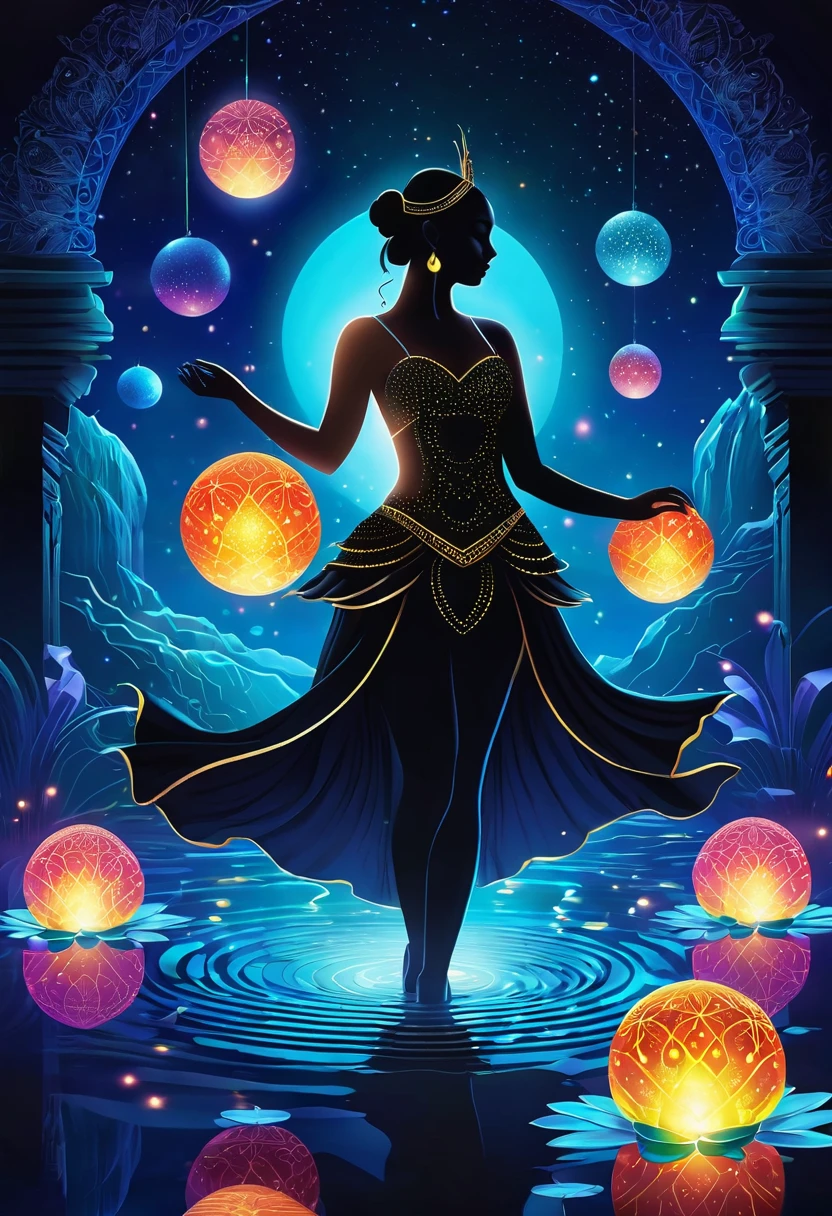 Astrologer,In the middle of the lake, Mysterious female black silhouette in the middle of the night, Surrounded by glowing spheres, Summoners dance to appease the spirits of the dead. Ceremonial canvas clothing. Sensual. Multiple magic arrays. Dynamic dance. Water Lily. Colorful palette.