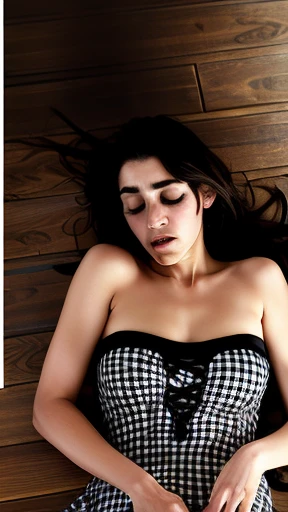 black hair, messy long hair, lying on back, head to the side, on checkered floor, sleeping, eyes closed, sleep, 1 girl, solo, scenery, nsfw, legs apart, medium breasts, dress falling down, strapless, ripped dress, enf, wardrobe malfunction, brown skin, Indian, thick eyebrow, unibrow, kahlo, lourdes leon, princess, gothic, victorian, girl laying on floor attacked by reaching hands and insects