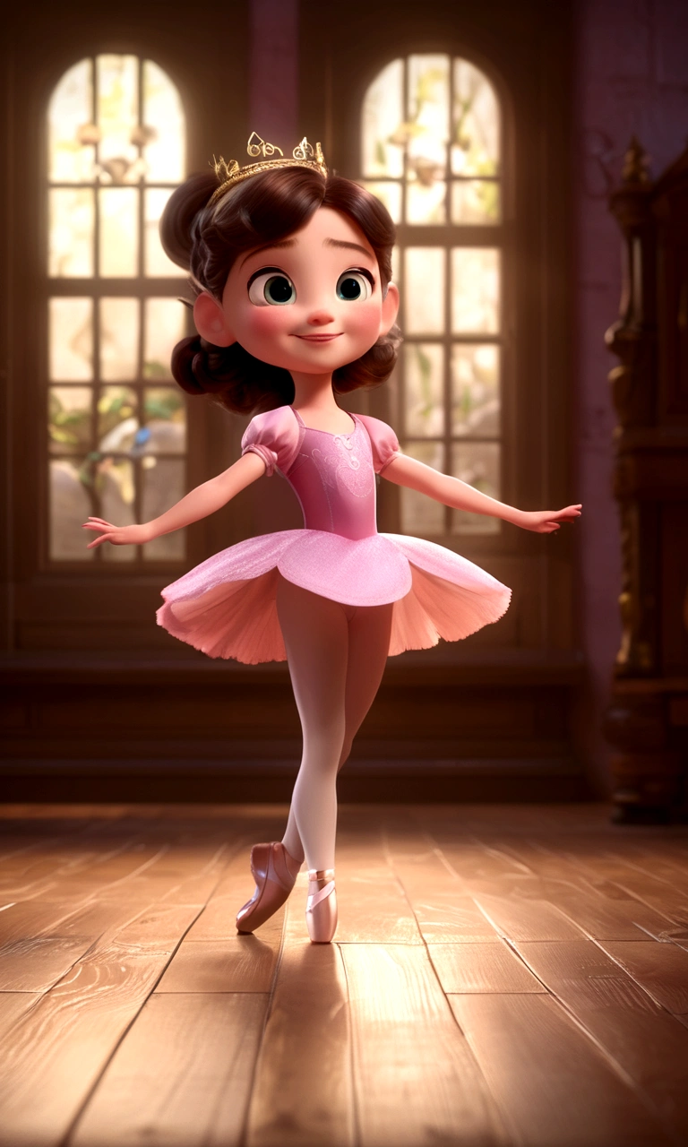A poster，banner；1Little girl sitting on the wooden floor，Sweaty face，Wear ballet costumes，Dance shoes，Happy expression，For the audience，Long straight hair；Composition：The character is on the right，Background with pink ribbon；3DAnimation海报，皮克斯3DAnimation风格，Pixar Renderman Rendering，Maya 8K，Animation，disney pixar 3d style，indoor，迪士尼皮克斯Animation海报；The content is simple，Simple style。