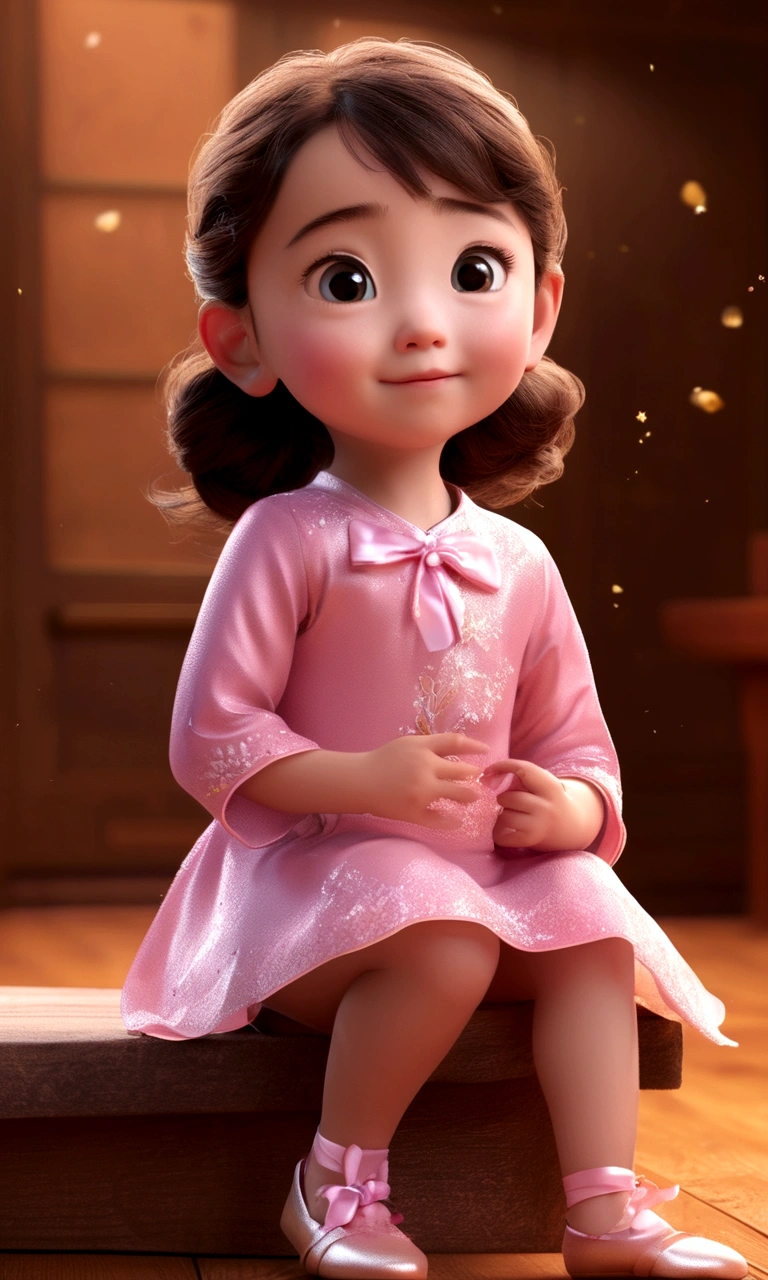 A poster,banner;1Little girl sitting on the wooden floor,Sweaty face,Wear ballet costumes,Dance shoes,Happy expression,For the audience,Long straight hair;Composition:The character is on the right,Background with pink ribbon;3DAnimation海报,皮克斯3DAnimation风格,Pixar Renderman Rendering,Maya 8K,Animation,disney pixar 3d style,indoor,迪士尼皮克斯Animation海报;The content is simple,Simple style。