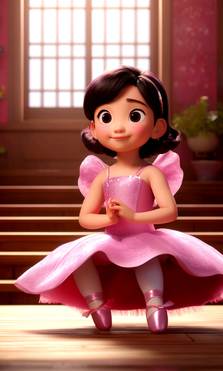A poster，banner；1Little girl sitting on the wooden floor，Sweaty face，Wear ballet costumes，Dance shoes，Happy expression，For the audience，Long straight hair；Composition：The character is on the right，Background with pink ribbon；3DAnimation海报，皮克斯3DAnimation风格，Pixar Renderman Rendering，Maya 8K，Animation，disney pixar 3d style，indoor，迪士尼皮克斯Animation海报；The content is simple，Simple style。