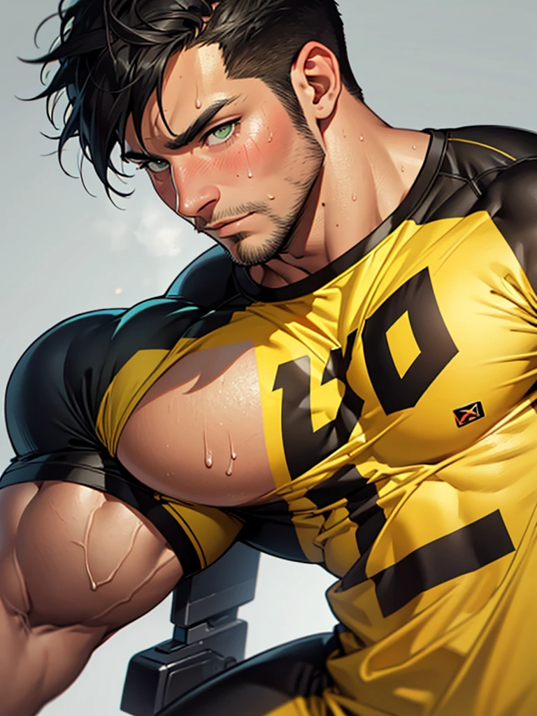1muscular sportsman, male focus, Yellow and black tight T-shirt, muscular male, muscular, only, Upper body, alone, look to the side, pectorals are oversized, big pecs, short hair, stubble, black hair, green eyes, White background, simple background, amazing quality, best aesthetics, Ridiculous, short hair, bright pupils, open lips, Sweat, Awkward, blush, best quality