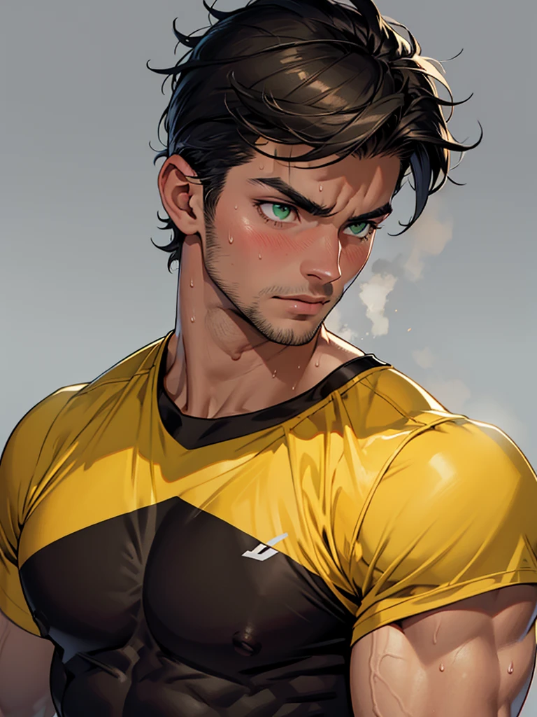 1muscular sportsman, male focus, Yellow and black tight T-shirt, muscular male, muscular, only, Upper body, alone, look to the side, pectorals are oversized, big pecs, short hair, stubble, black hair, green eyes, White background, simple background, amazing quality, best aesthetics, Ridiculous, short hair, bright pupils, open lips, Sweat, Awkward, blush, best quality