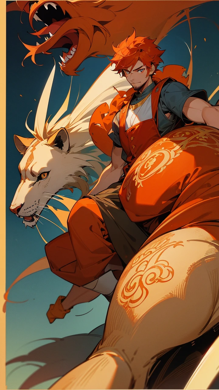 Draw a 27-year-old boy of Muslim origin with orange hair and a short beard, orange eyes, light skin, wearing red and white Muslim clothing with a gold engraved lion., stomach 1.70 meters and usually wears a red vest with a lion engraved from the year 1500 anime version draw him riding a white horse with blue eyes and highlights