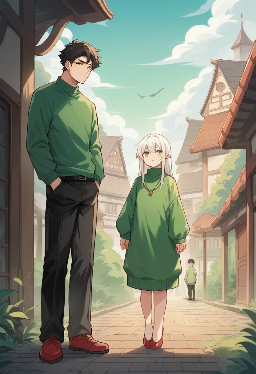 1Boy, tall, white skin, half white hair, half black hair, green eyes, black marks on his hands, dress: (green sweater, black pants, red shoes, with a wolf of spiritual aura Behind, in the background, a Japanese village