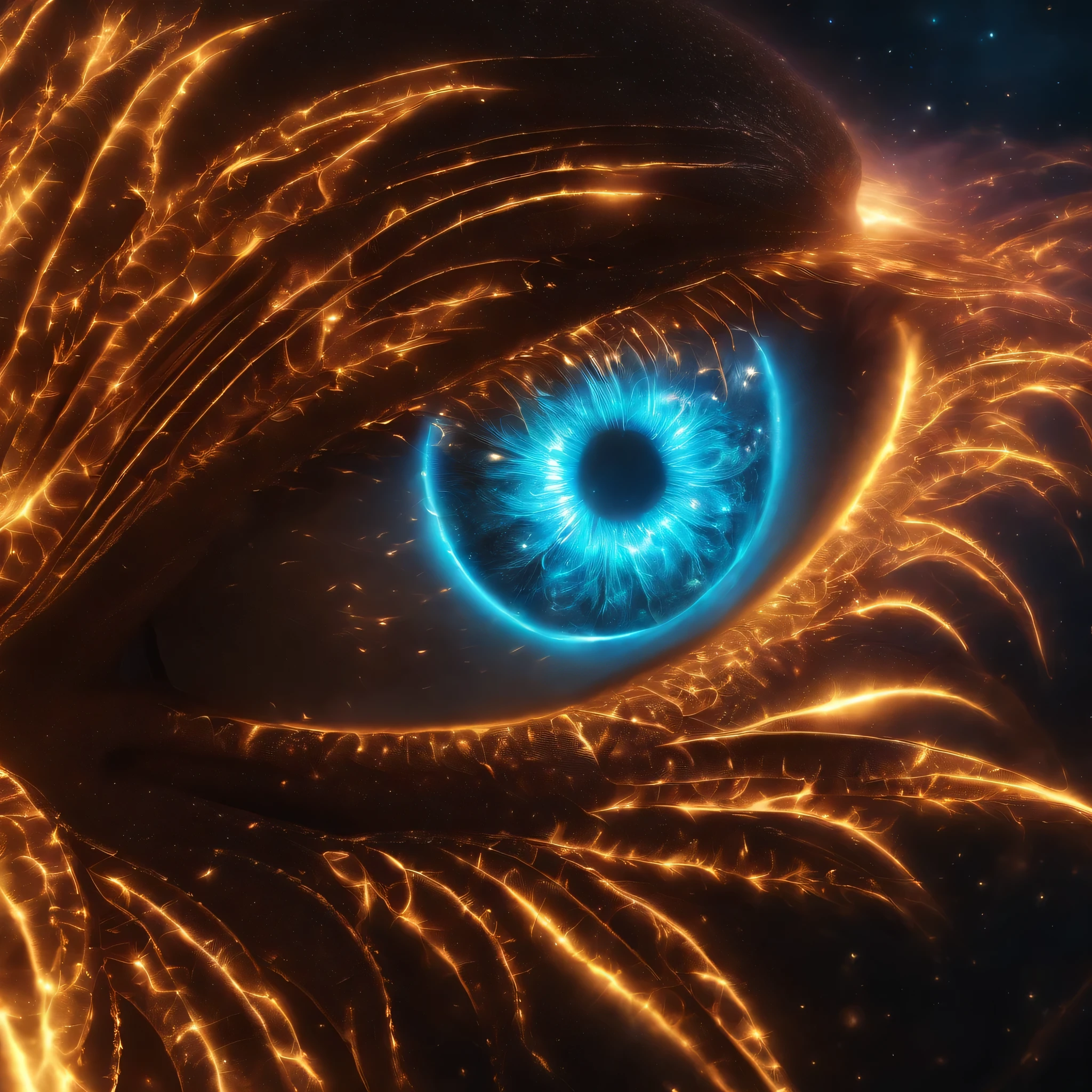 Cosmic Fallen Angel, glowing light eyes, Biomechanical, eerie, Creepy, nightmarish, Very bright colors, Light particles, with light glowing, Mshiff, wallpaper art, UHD wallpaper