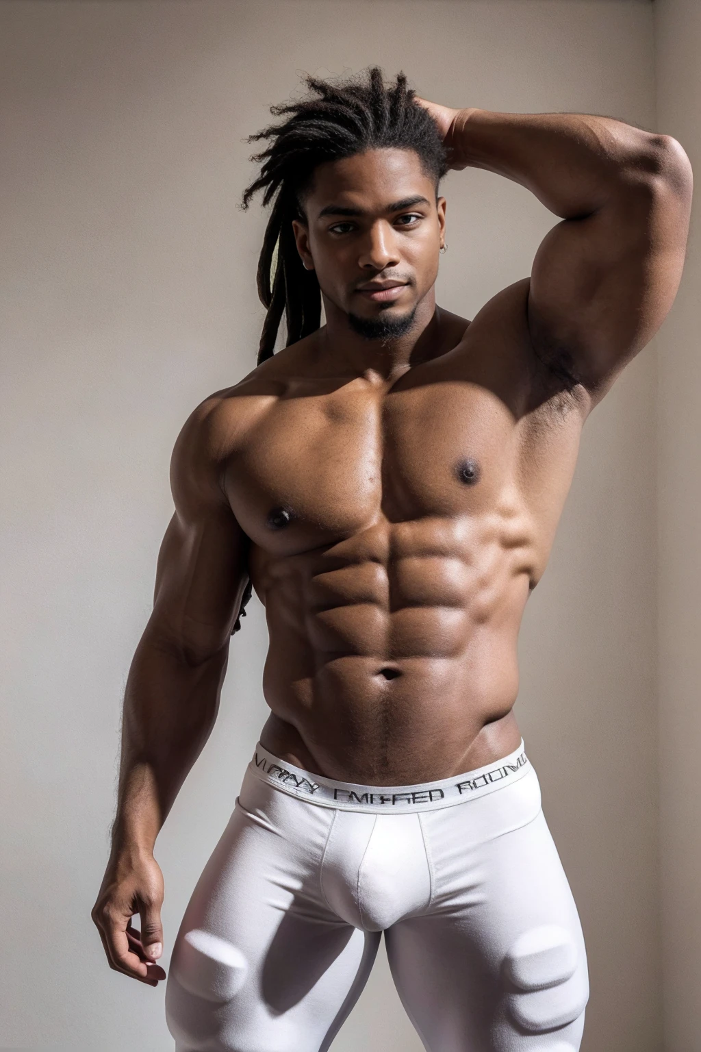 1boy, (Brown Eyes), happy smile,American boy,,young,thick body, slender, sport body build, child-like,Handsome sexy black man, perfect body, male body aesthetics, skin texture,((best quality,4k,highres,masterpiece:1.2)),((character concept art)), 1 male, 19-year-old African-American exchange student from U.S., college league player, American Football, Running Back position, athlete, athletic body, tall, broad shoulders, broad chest, very strong arms and legs, very muscular, dreadlock hairstyle, Andrew Tete's traits and personality - pragmatic, driven, intelligent, compassionate, reliable, goer, arrogant, extrovert, wearing yellow t-shirt, Richard Mille wristwatch, luxury brand sneaker, diamond stud earring, stylish sneakers, confident smirk, intense gaze, (standing confidently), (full body showcase), (show full body), (no logos on background), (no logo), ((plain background)), ((plain background)), (((empty background))) , wearing red colors micro thong with medium bulge,very pale skin, light skin, model with attractive body,medium bulge and medium butts,(Best quality, 8k, Masterpiece). High Detail , superior quality, natural lighting, beautiful, sexy, correct anatomy, good composition,realistic shapes, realistic skin tones,Natural eyes,realistic eyes,looking up at viewer,vpl,realistic muscles,Realistic wrinkles on the skin,Realistic arms and legs,Realistic face,realistic hair,Make a sexy and seductive face, Clear Focus: 1.2, Perfect Body virile: 1.4 , Slender Abs: 1.2, Highly detailed face and skin texture, detailed eyes, double eyelids, big upper lip, man focus,amazing composition, front view, HDR, volumetric lighting, ultra quality, elegant,Post a erotic photoshoot,Realistic pose,detailed hair,full body,Fujifilm XT3 photorealistic art by midjourney