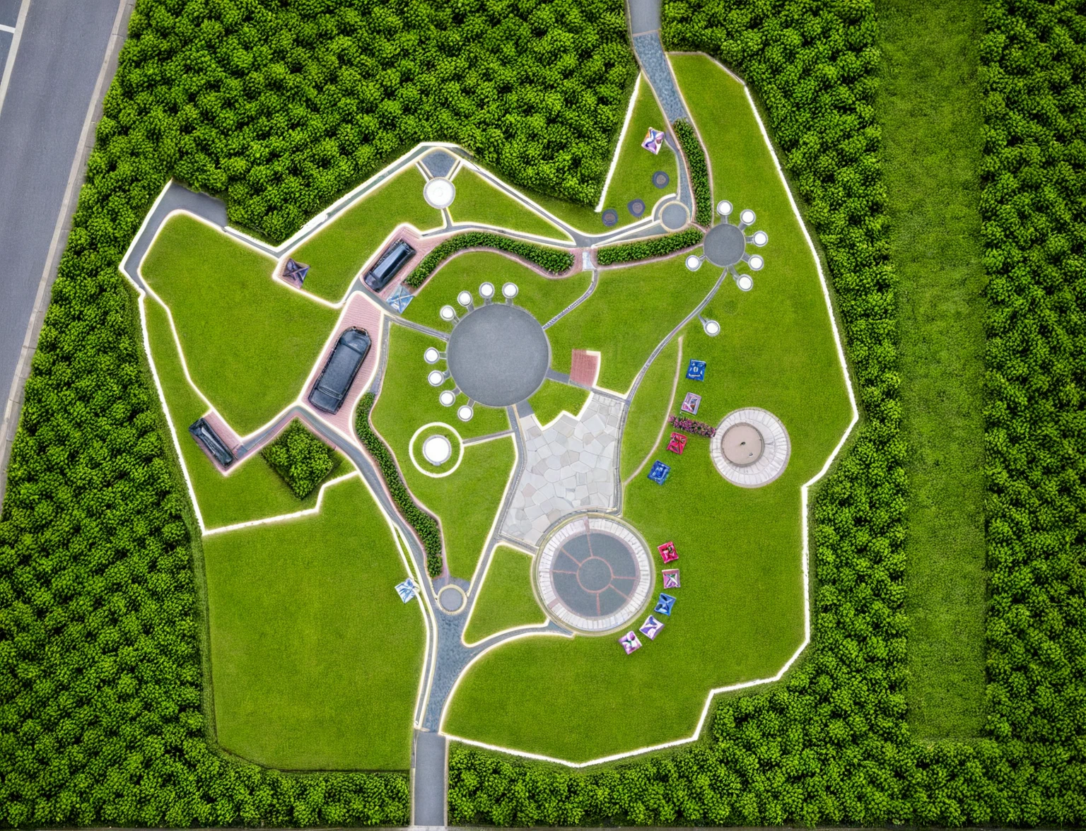 Masterpiece, high quality, best quality, authentic, super detail, outdoors, topview, masterplan, garden landscape, road, pavement, grass, trees (day:1.1), realistic lighting