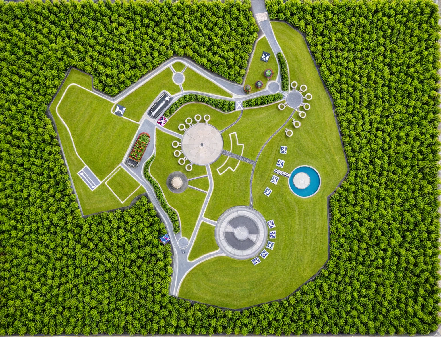 Masterpiece, high quality, best quality, authentic, super detail, outdoors, topview, masterplan, garden landscape, road, pavement, grass, trees (day:1.1), realistic lighting