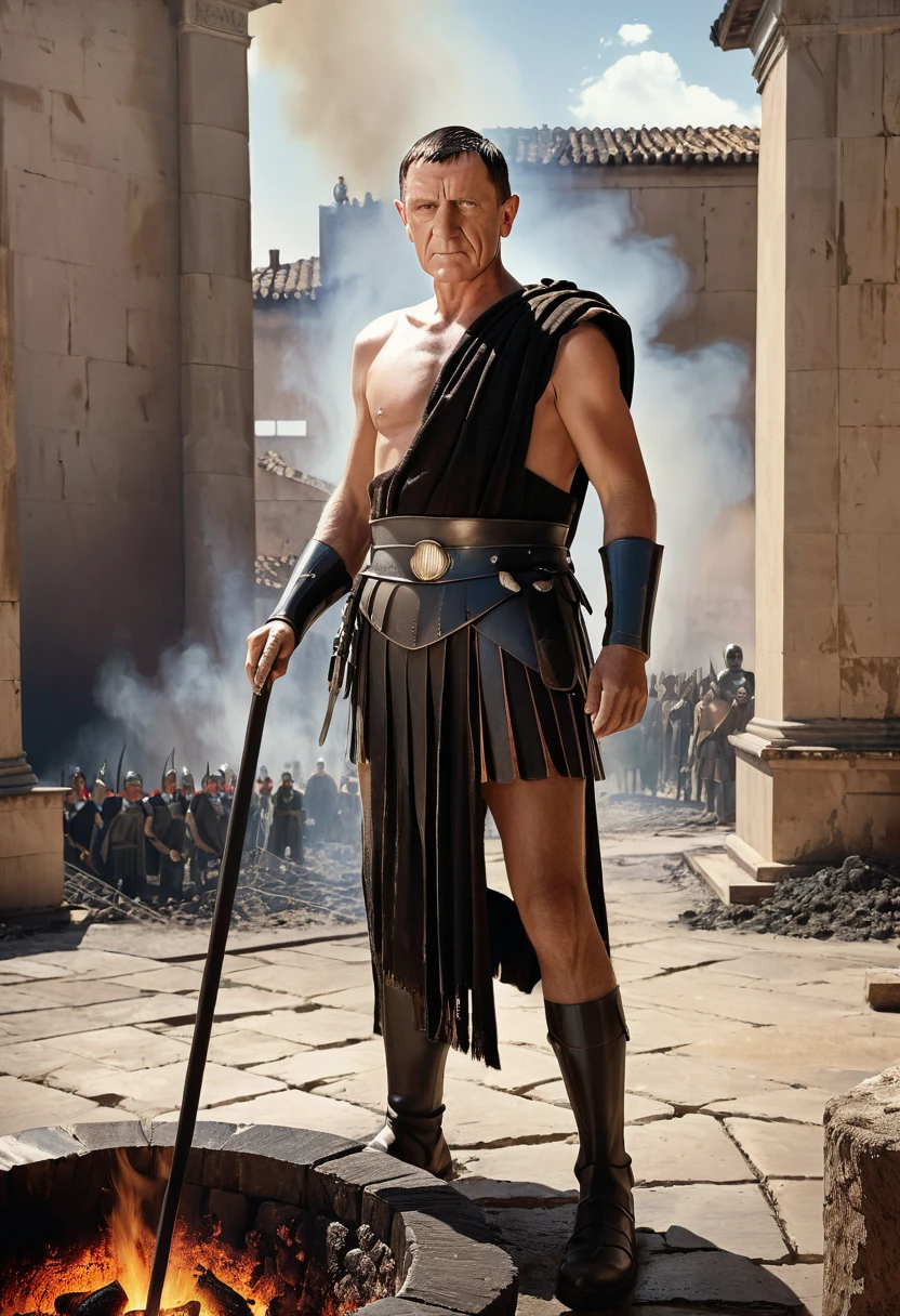 "A detailed image of Crassus standing confidently, watching his workers extinguish the flames of a recently purchased property. The scene reflects his calculated and opportunistic nature."
Size: "1024x1024"