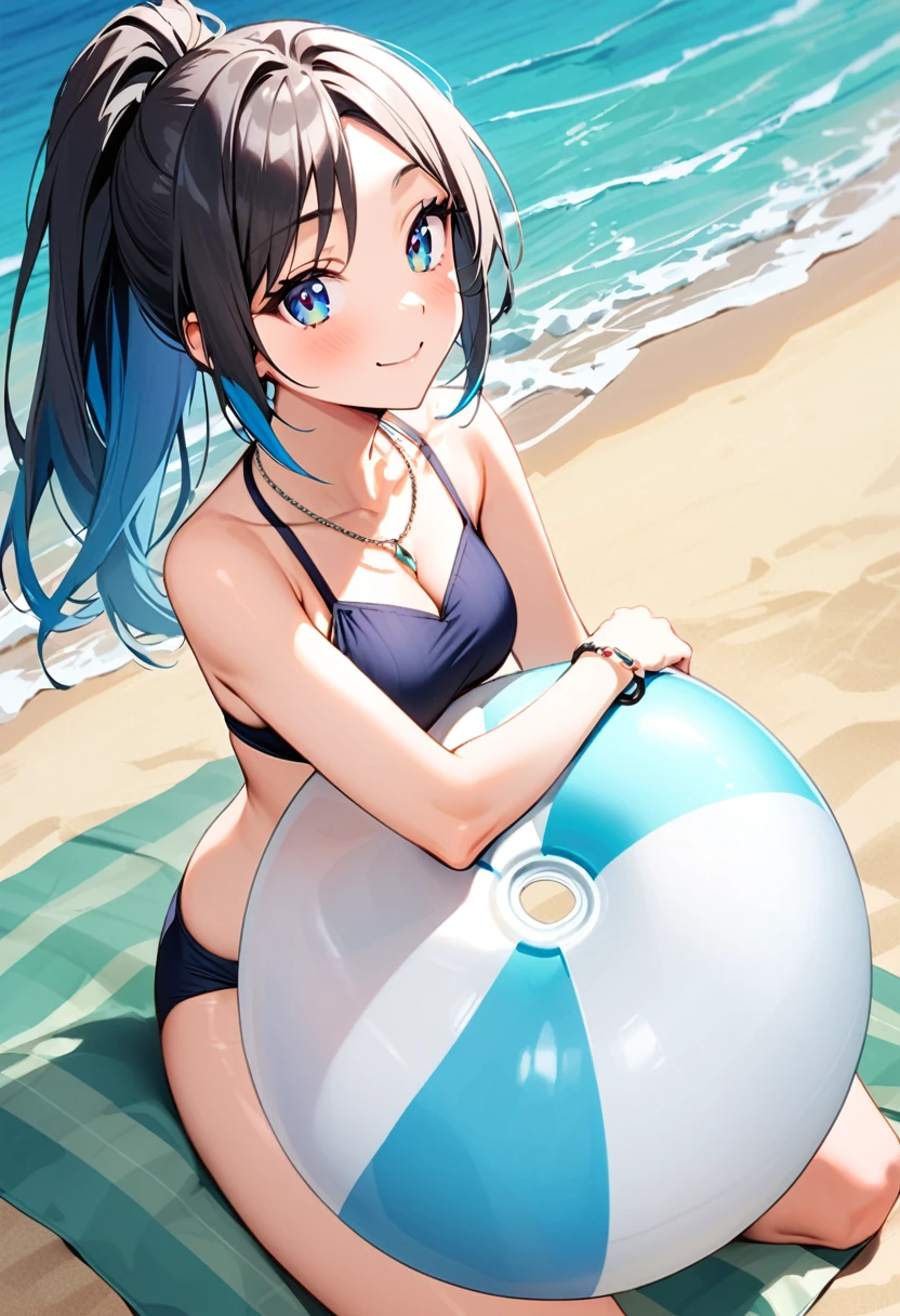 A young woman, 21-years-old, solo, Caucasian, black hair, cyan hair, gradient hair, multicolored hair, ponytail, two-tone hair, blue eyes, cheerful smile, mature face, dark blue bikini top, dark blue bikini bottom, midriff, holding a beachball, beach, thin silver necklace, white bracelet, sitting on a towel