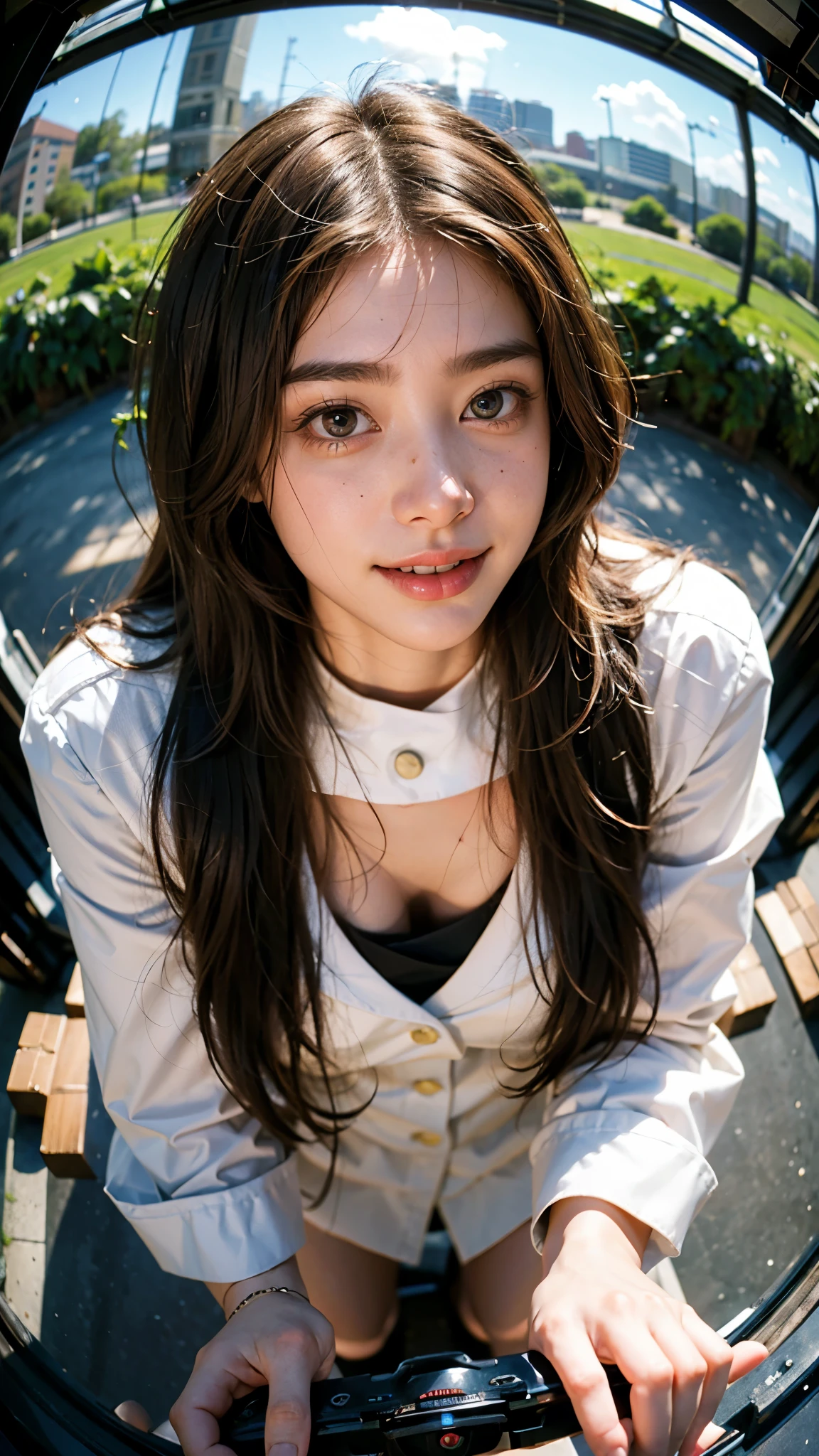 Highest quality, masterpiece, Ultra-high resolution,8K, (Realistic:1.6), (All fours portrait:1.4) RAW Photos, Soft looking breasts,((Sakura-colored miniskirt fashion)),((Up Facial)),One girl,(Full of smiles, Showing teeth)), 26 talents,((Long hair side parting hairstyle)),((Looking up at the audience)),Face Focus:1.4,((Shooting from above with a fisheye lens:1.4)),