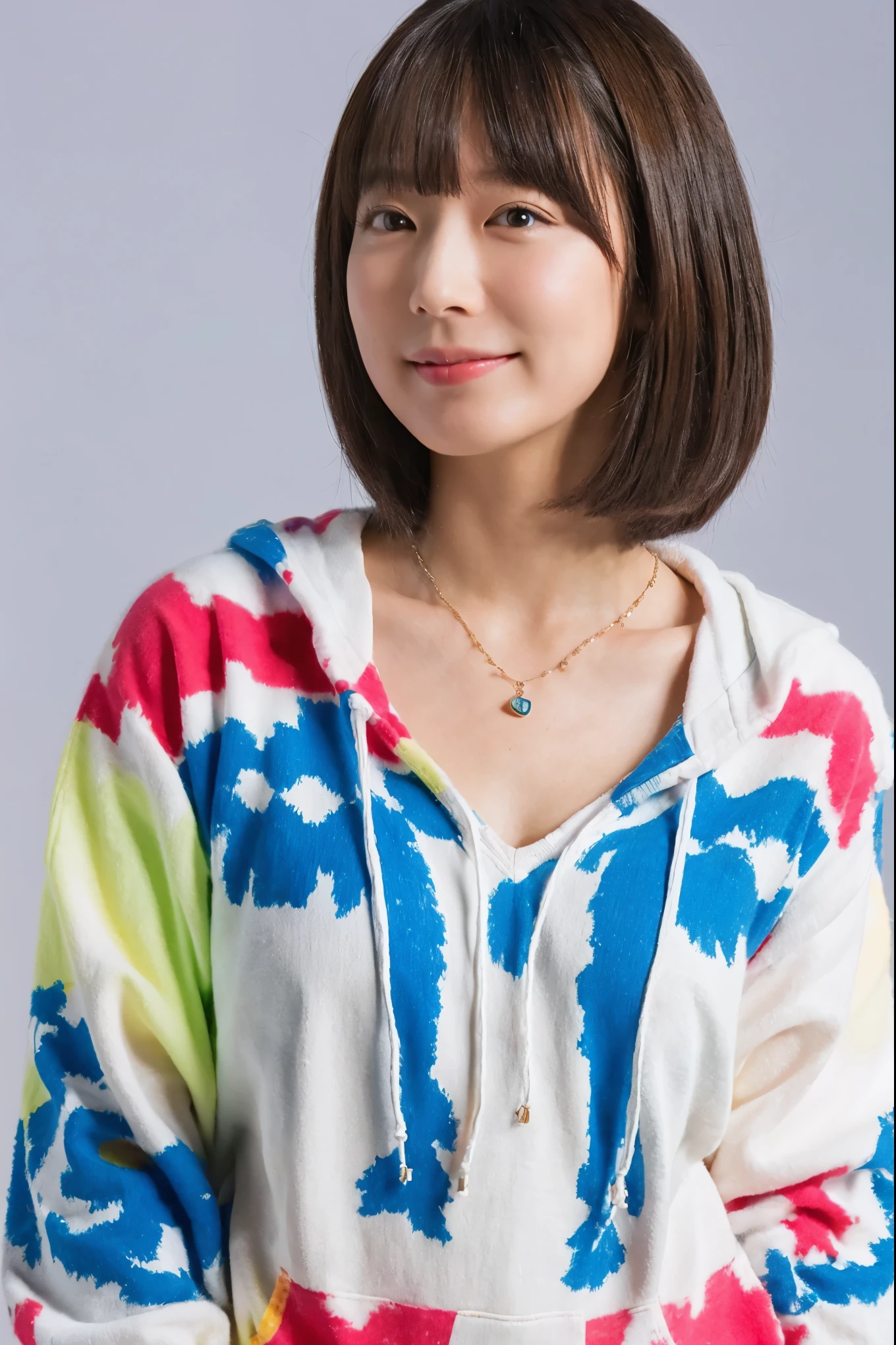 (Highest quality, 8K, 32k, masterpiece, Ultra-high resolution:1.2),Beautiful Japanese Women Photos, Rainbow clothes、Rainbow hoodie、Large Breasts, Very short bob hair,Gray Hair, necklace, Simple Background, From above, View your viewers,White Hair、White background、Colorful clothing、whole body、whole bodyのポートレート、piece