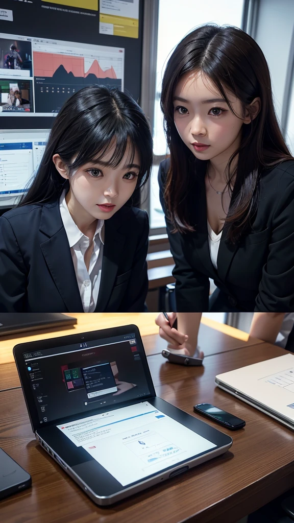 8K, Professional Lighting, 1. Japanese women(20th Generation), office, During a hybrid meeting, Business Casual, Smartphone and laptop, A large display for online meetings in the background, SDGs Poster, A workplace where diversity and technology coexist