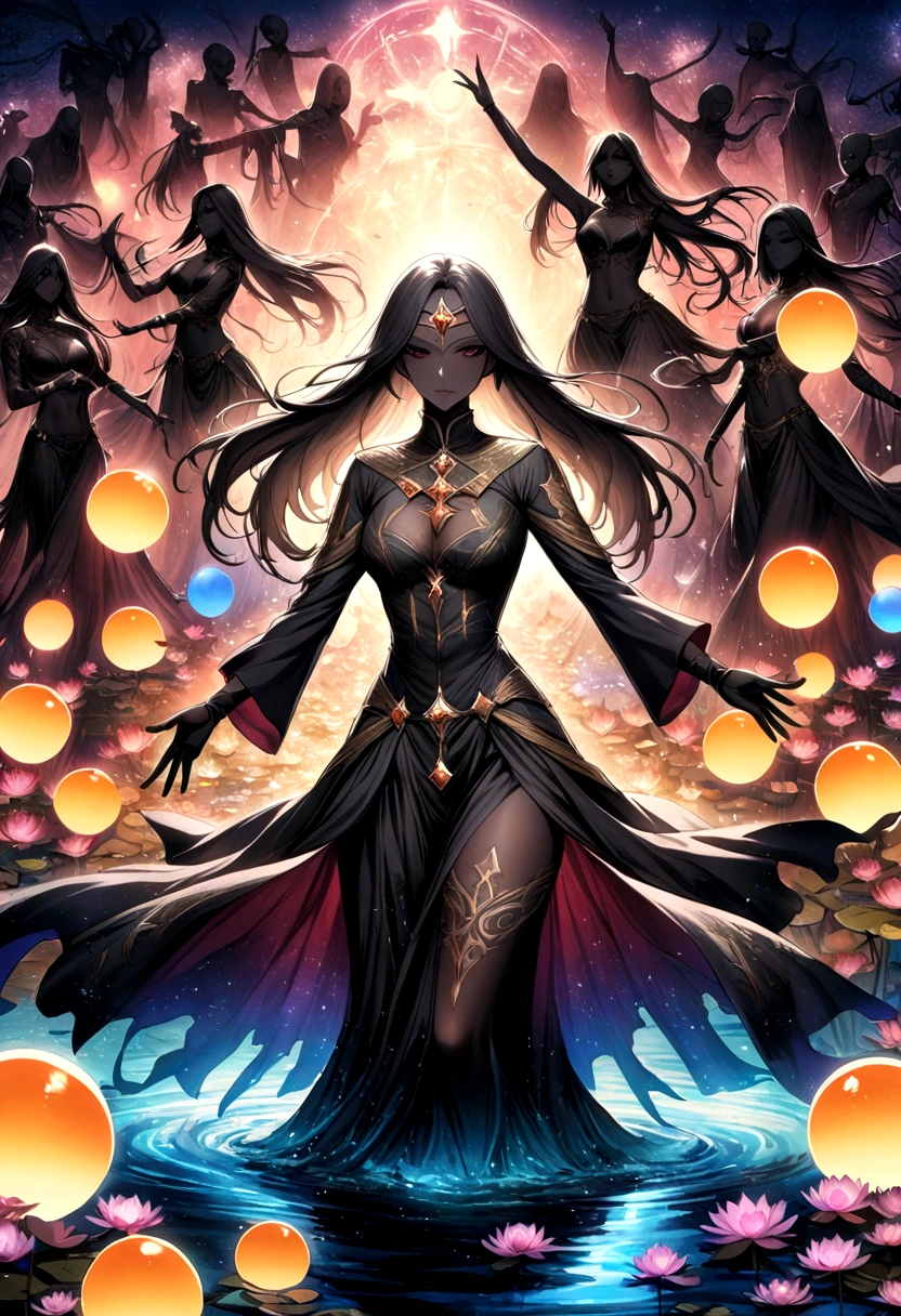 Astrologer,In the middle of the lake, Mysterious female black silhouette in the middle of the night, Surrounded by glowing spheres, Summoners dance to appease the spirits of the dead. Ceremonial canvas clothing. Sensual. Multiple magic arrays. Dynamic dance. Water Lily. Colorful palette.