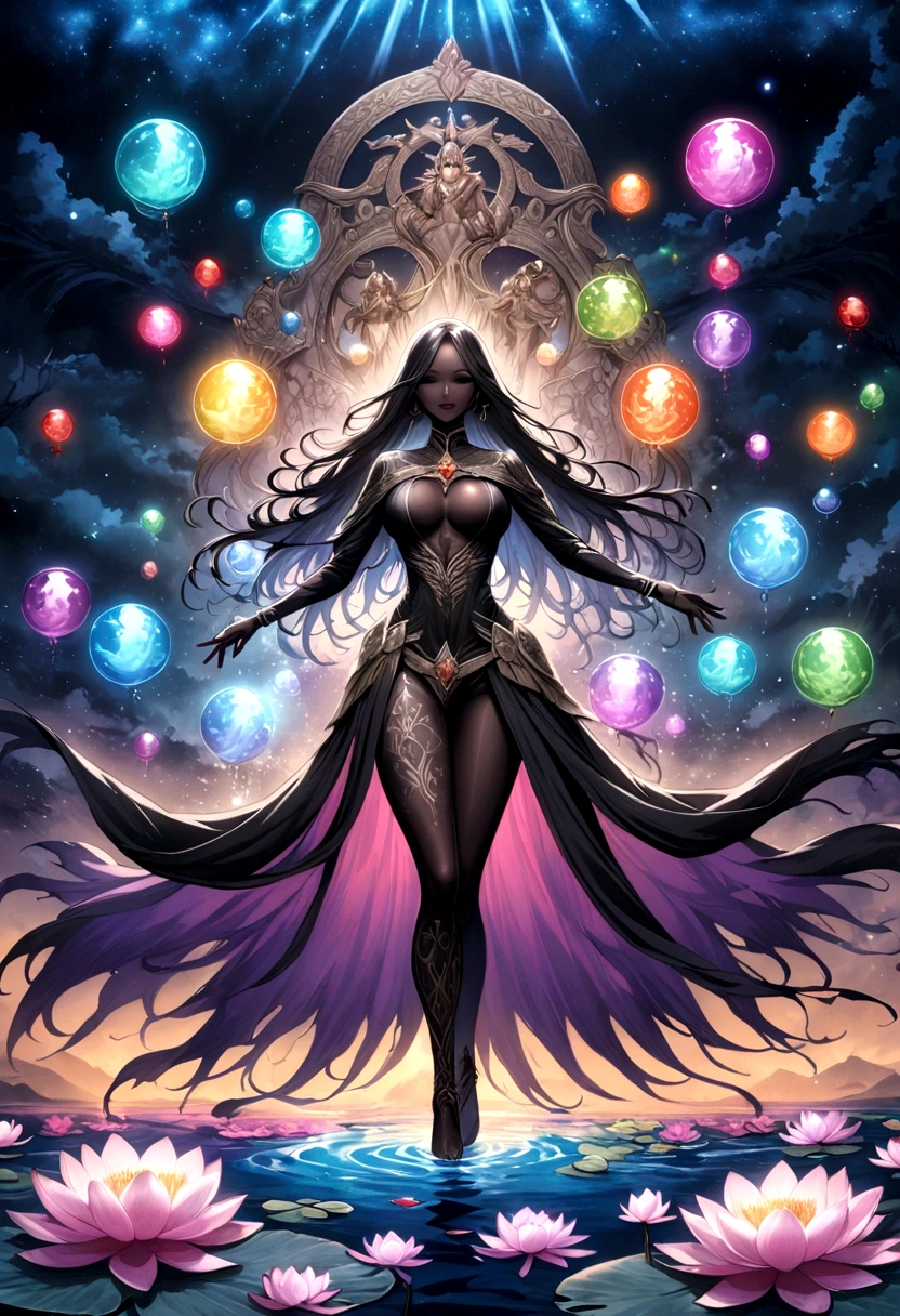 Astrologer,In the middle of the lake, Mysterious female black silhouette in the middle of the night, Surrounded by glowing spheres, Summoners dance to appease the spirits of the dead. Ceremonial canvas clothing. Sensual. Multiple magic arrays. Dynamic dance. Water Lily. Colorful palette.