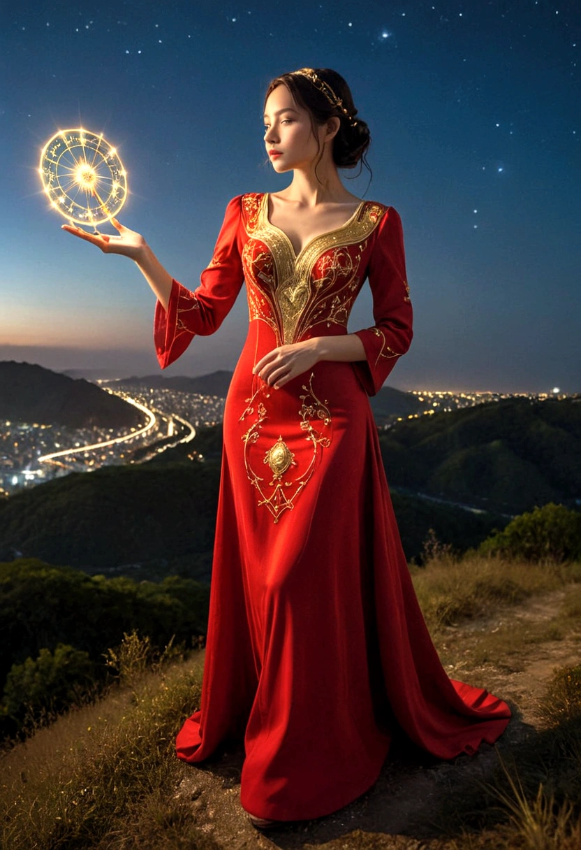 A woman in a love themed red dress with loads of intricate gold love embroidery, carrying a tome, on a hill top, two astrological sign light up brightly in the skies with the connective lines, night